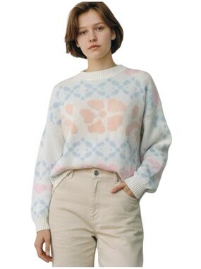 Vintage Cabin Creek Pastel Hearts & Floral Knit Sweater Fairy Kei Kawaii Size S